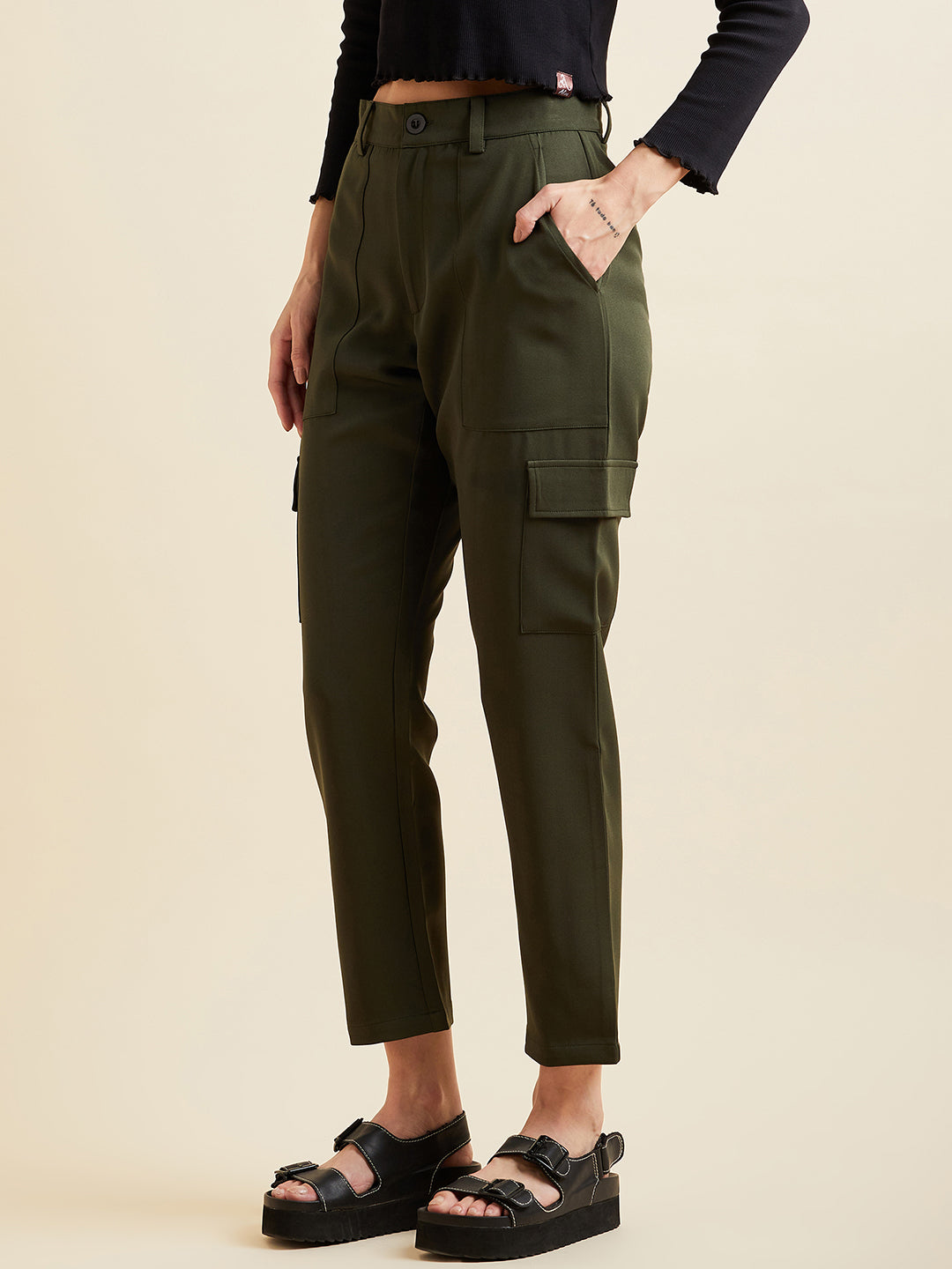 Olive Smart Slim Fit Wrinkle Free Cigarette Trousers