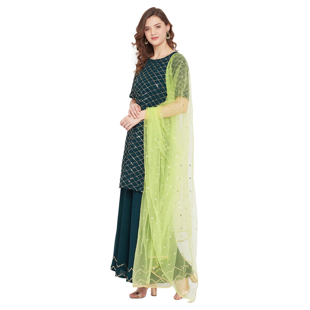 Dark green jaal embroidered kurta and sharara with lime green dupatta