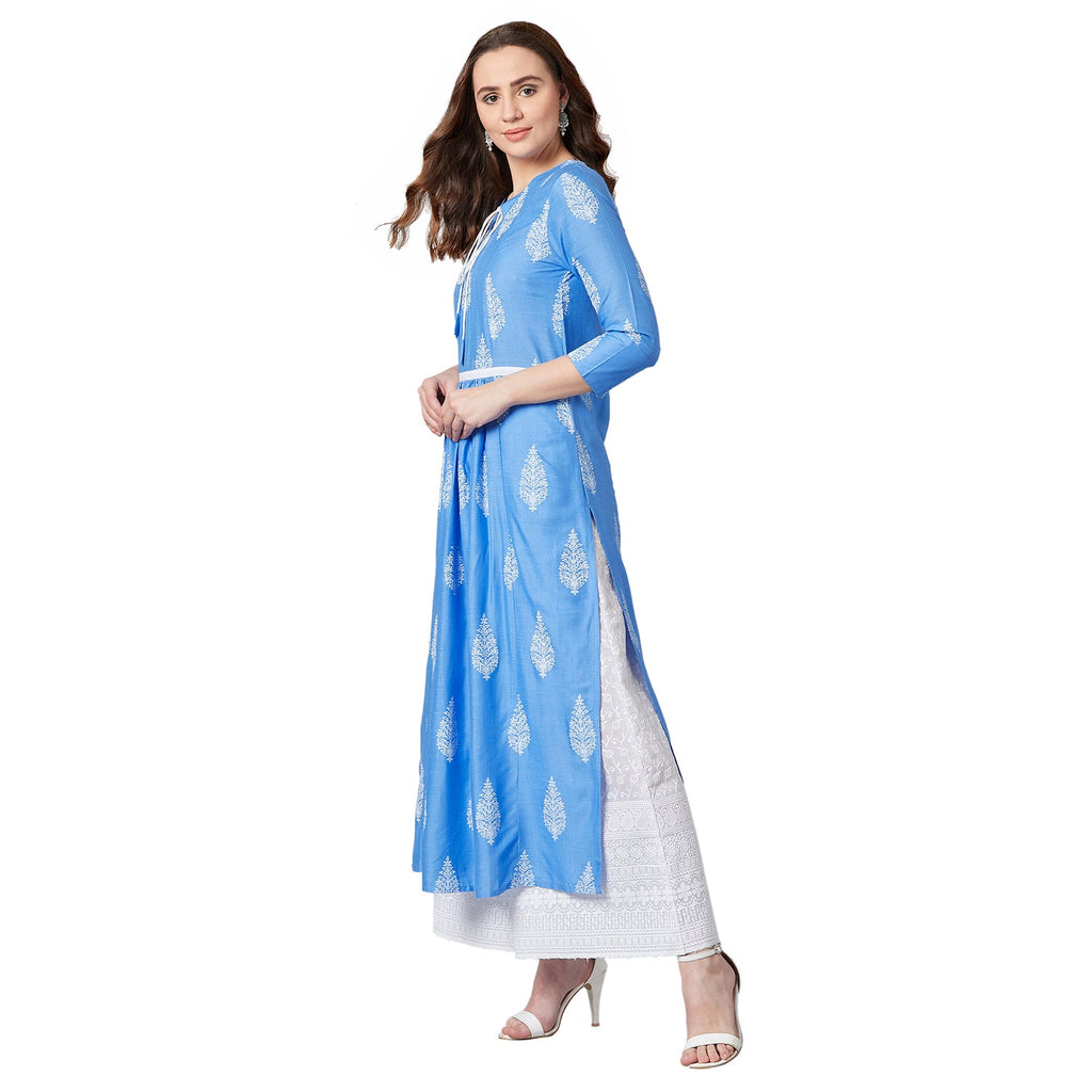 Women Blue & White Floral Print Anarkali Kurta