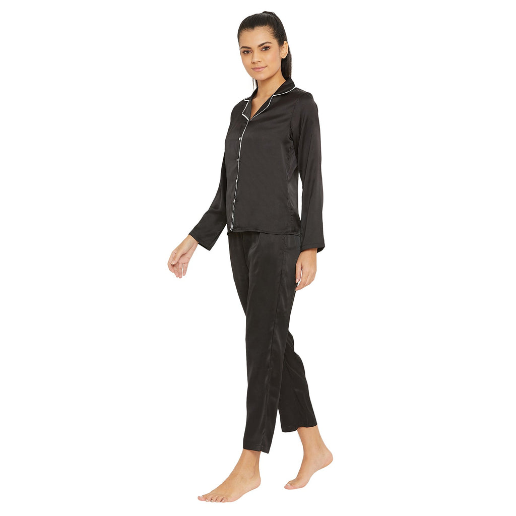 Women Black Satin Finish Solid Night Suit