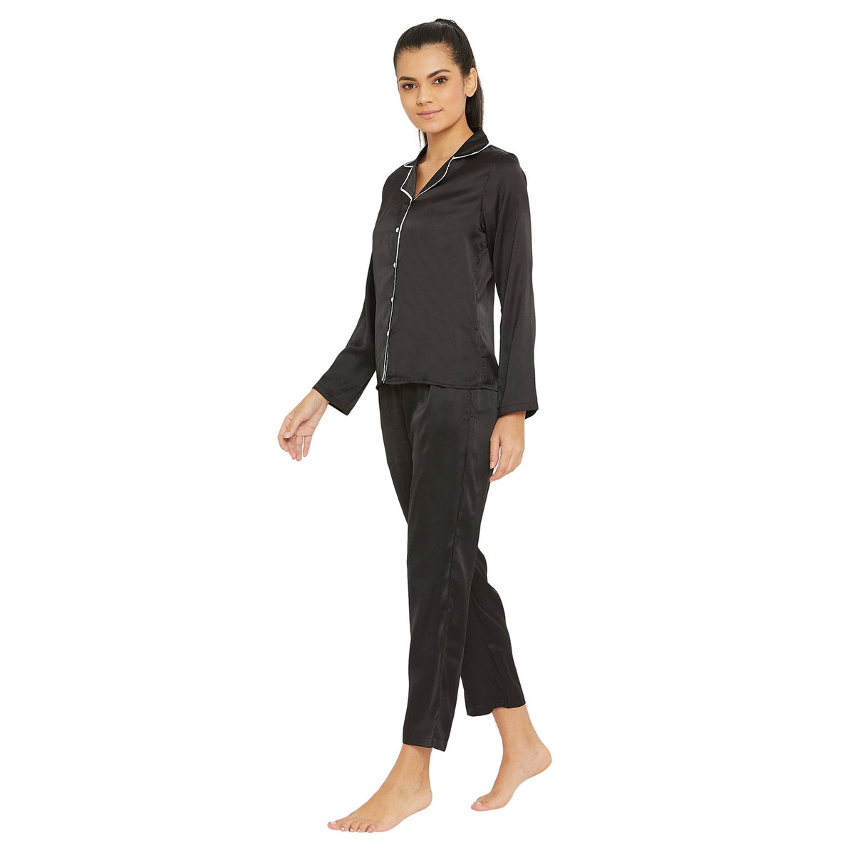 Women Black Satin Finish Solid Night Suit