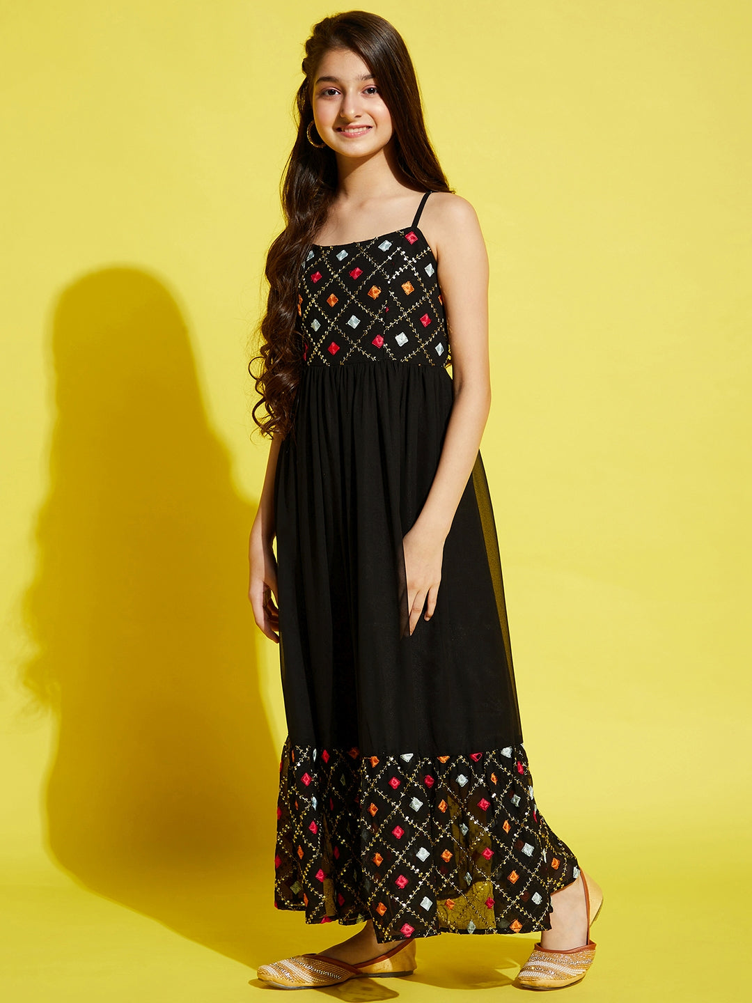 Girls Black & Red Floral Embroidered Ethnic Maxi Dress