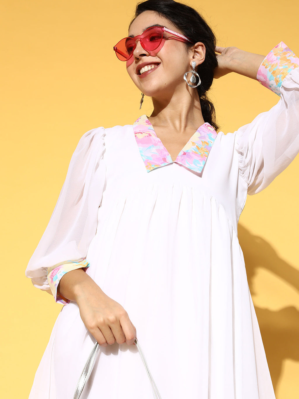 PANIT White  Pink Floral Printed Georgette A-Line Midi Dress