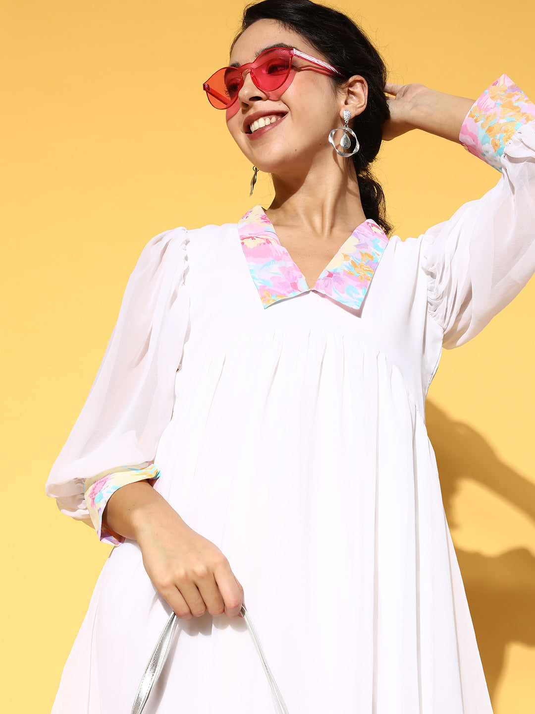 PANIT White  Pink Floral Printed Georgette A-Line Midi Dress