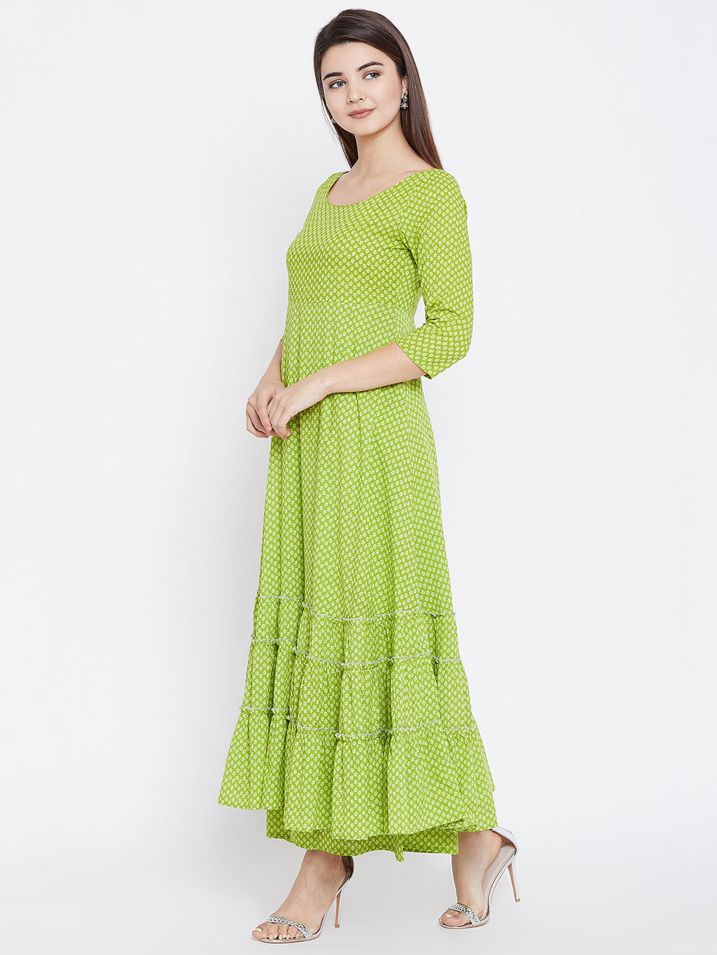 PANIT Women Green Ethnic Motifs Printed Tiered Anarkali Kurta