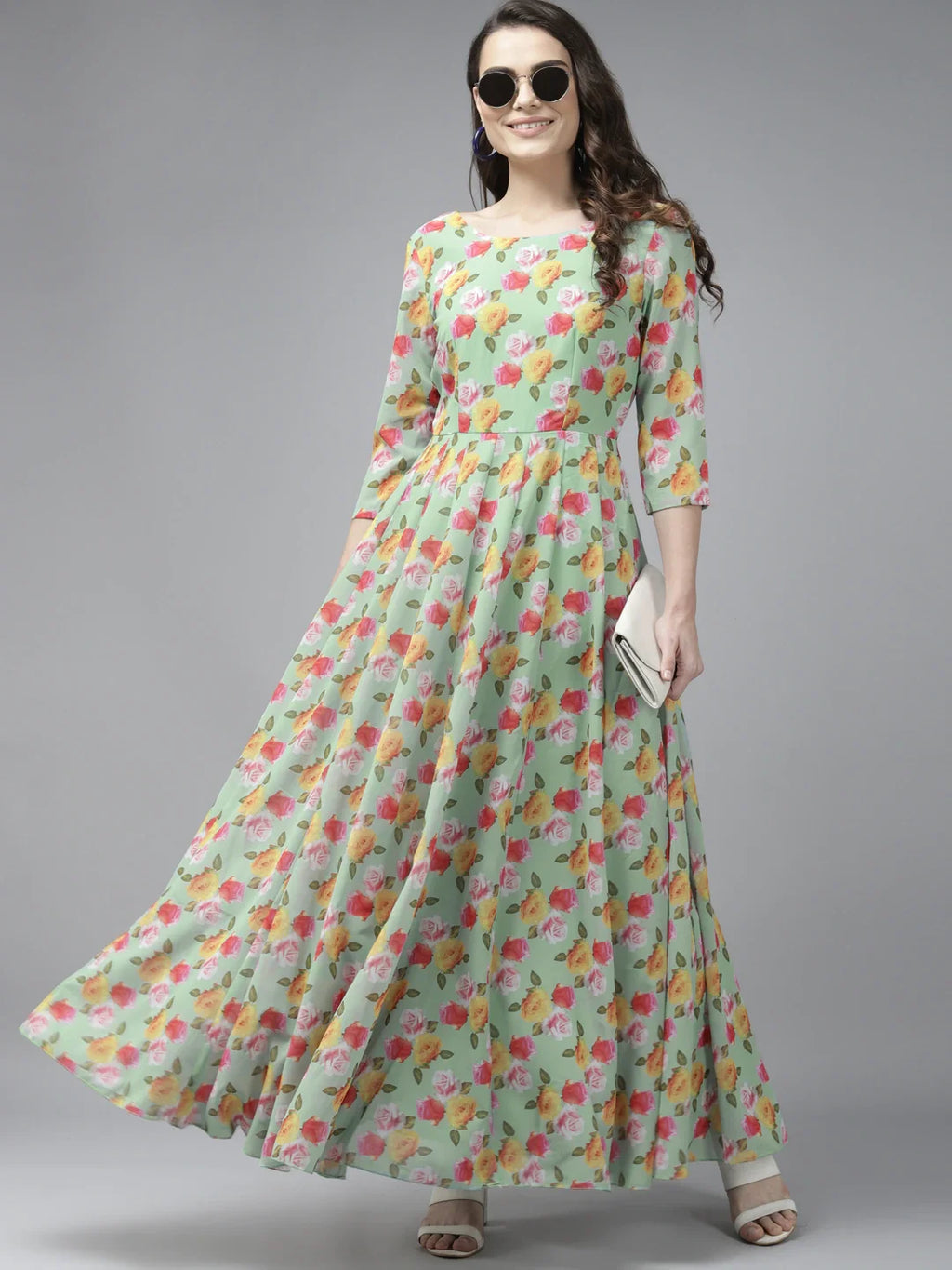 Green & Yellow Floral Georgette Maxi Dress