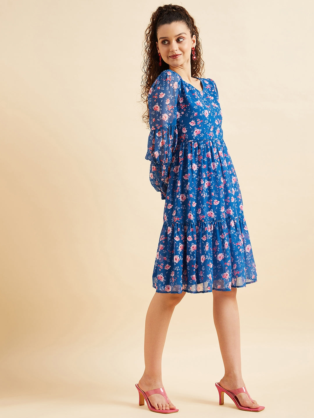 Puffed Sleeves Floral Printed Tiered Fit & Flare Georgette Dress