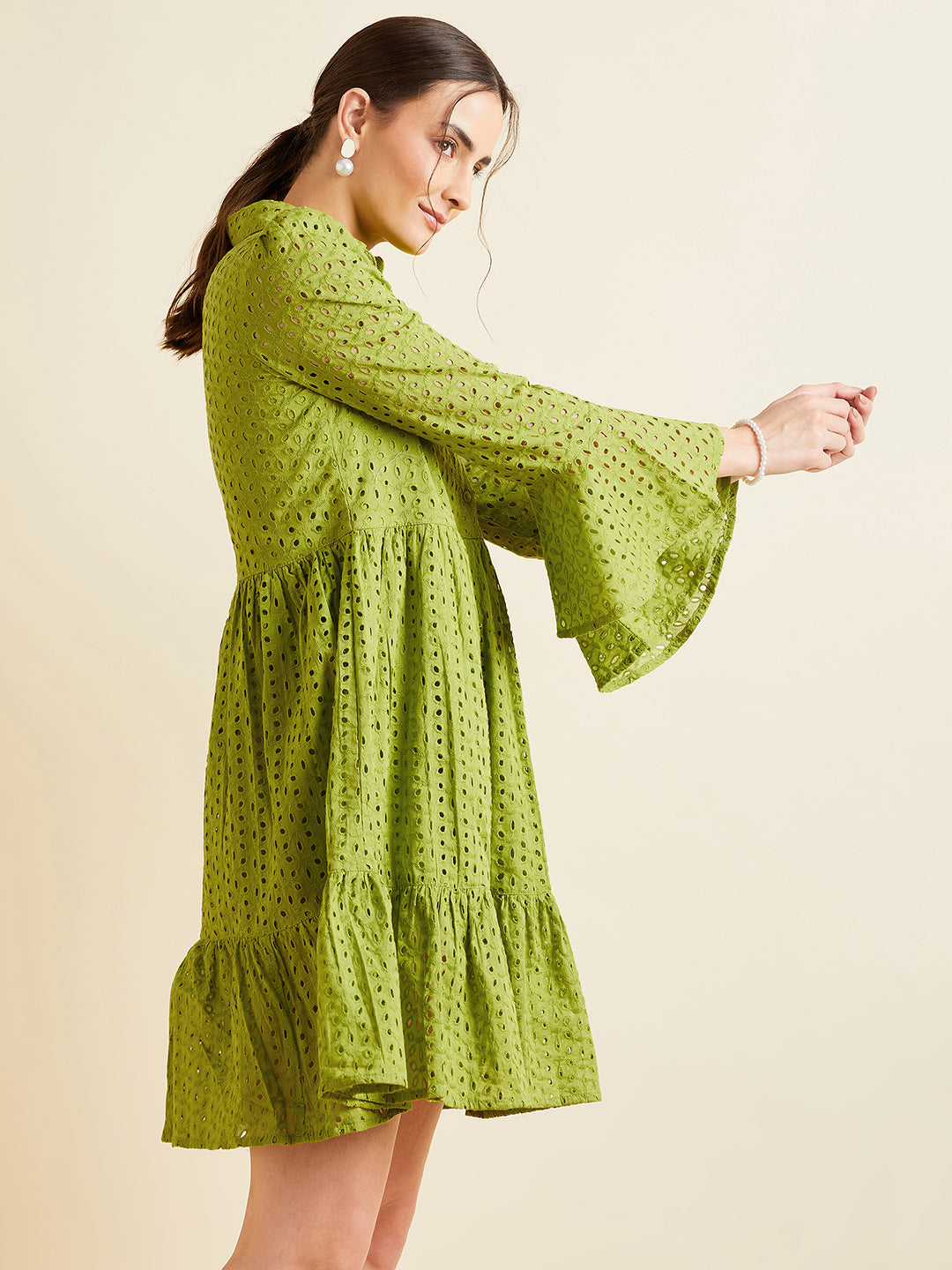 Women Green Shirt Collar Bell Sleeve Ruffled Schiffli Cotton A-line Dress