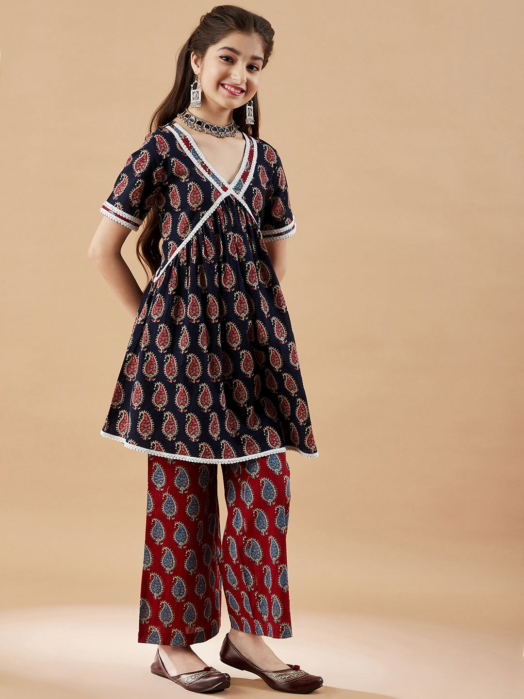 Girls Paisley Printed Pleated Kurta with Trousers