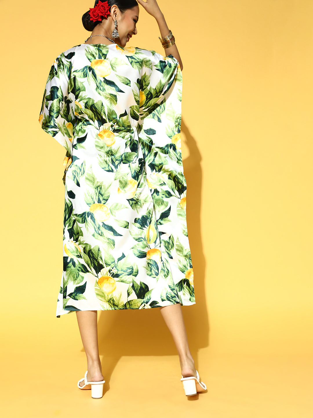 Green & White Floral Satin Ethnic Kaftan Dress