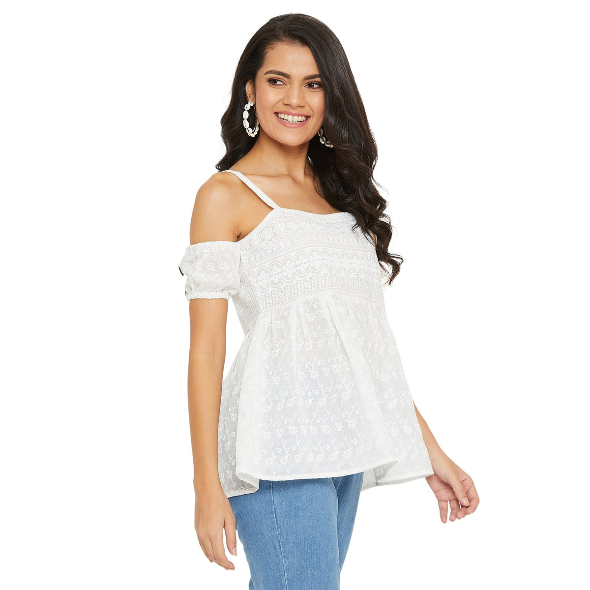 White Schiffli Off Shoulder Puff Sleeves Bardot top