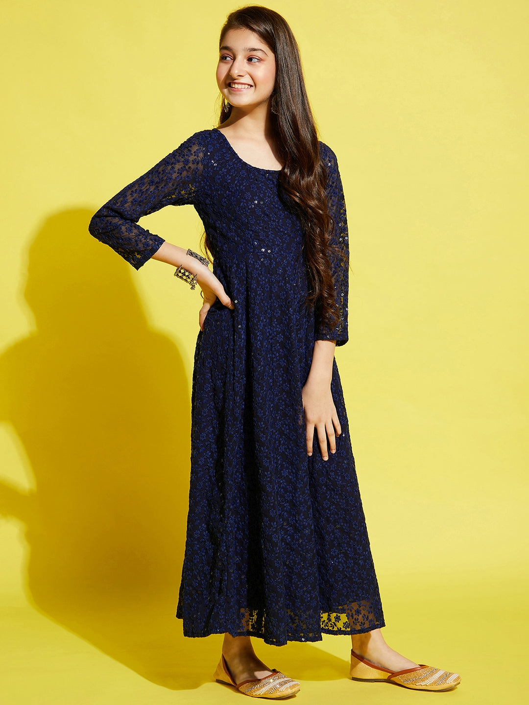 Girls Floral Embroided Maxi Dress - Navy Blue