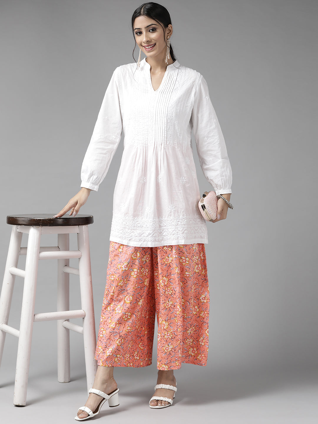 Women Coral Pink & Yellow Floral Printed Cotton Palazzos