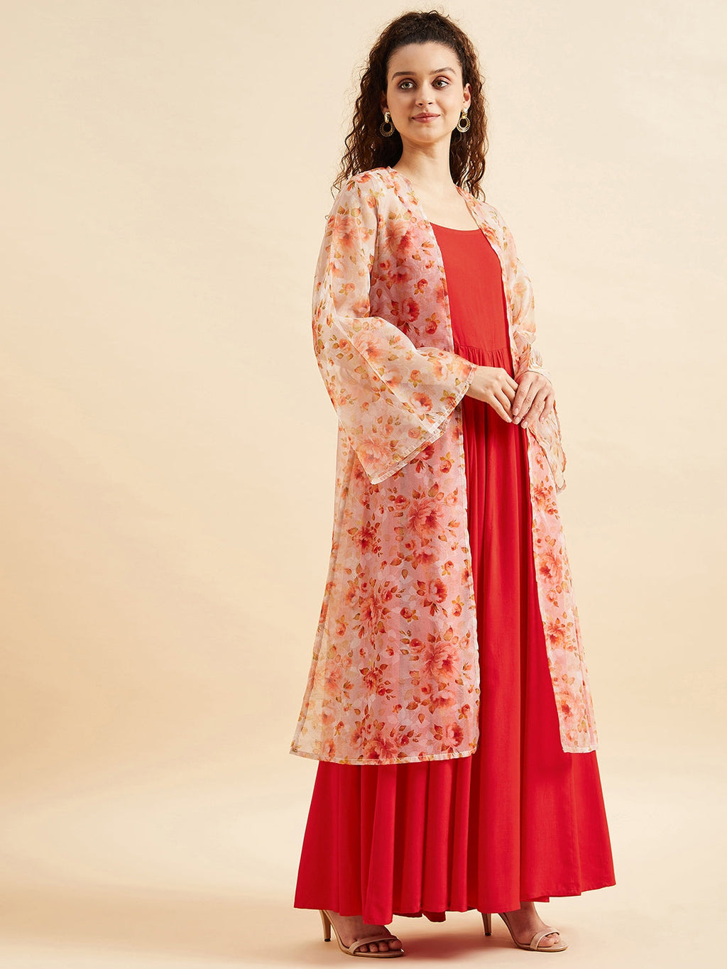 Shoulder Straps Fit & Flare Maxi Ethnic Dress With Printed Shrug