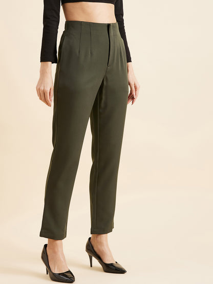 Olive Green Smart Straight Fit High-Rise Pleated Trousers