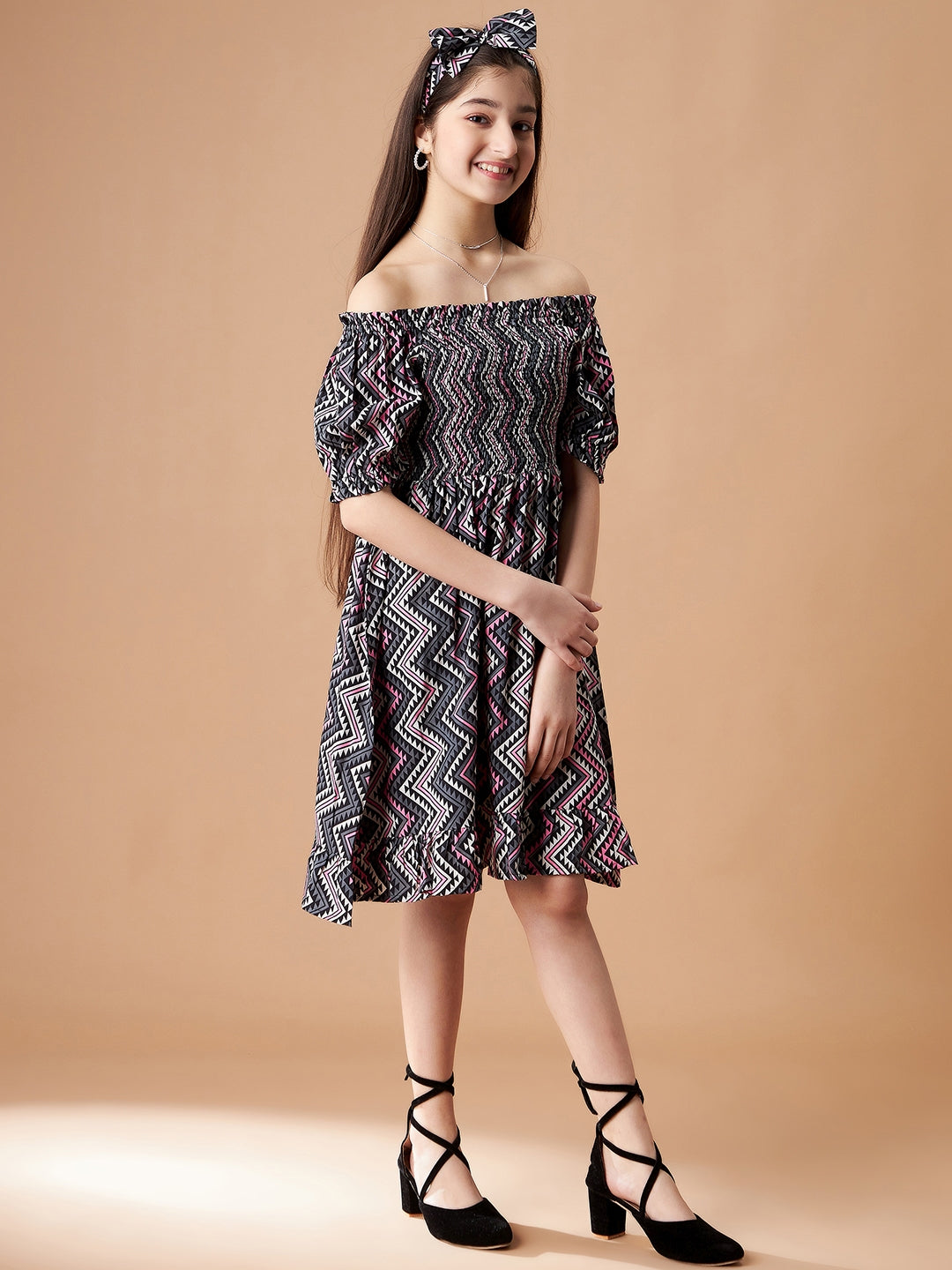 Chevron Printed Smocking A-Line Dress
