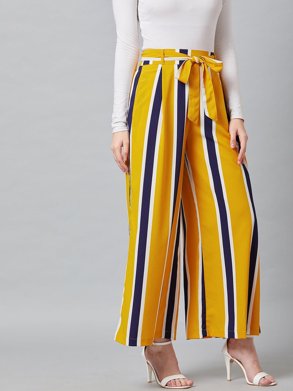 PANIT Women Yellow & Blue Relaxed Loose Fit Striped Trouser