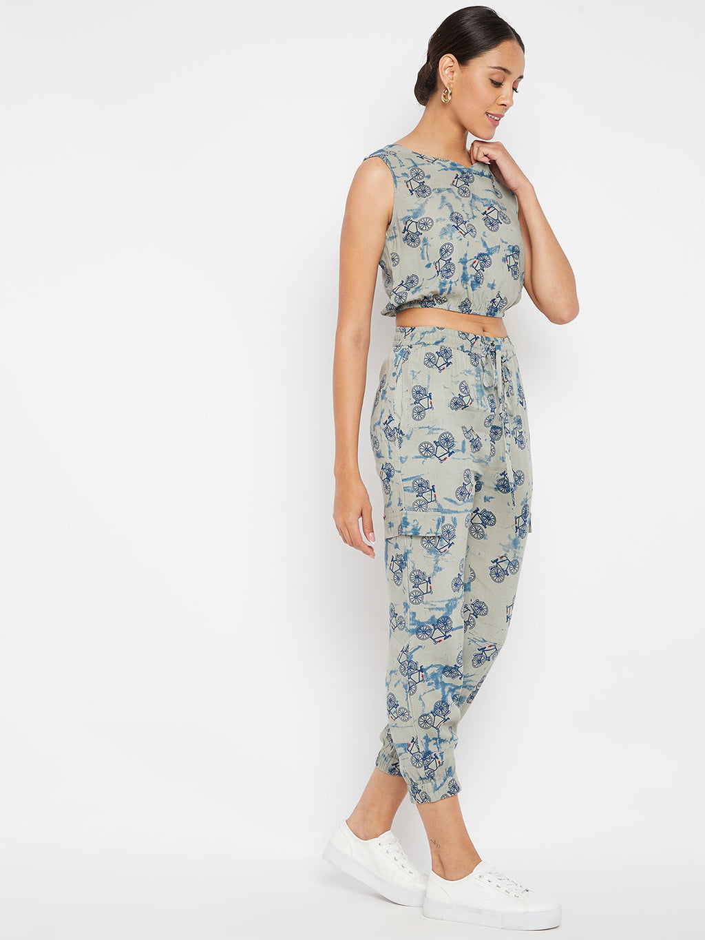 PANIT Grey and Blue Cycle Printed Two-Piece Jumpsuit