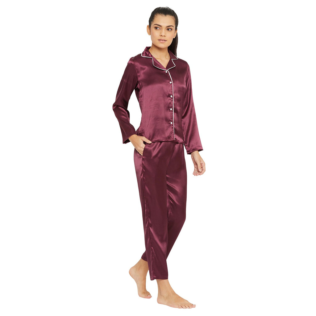 Women Wine Satin Finish Solid Night Suit