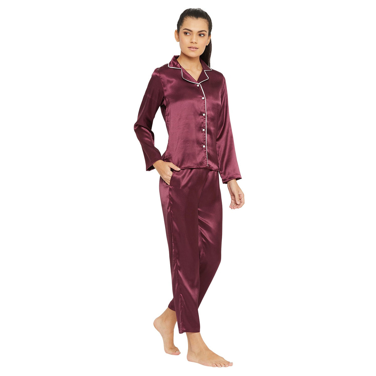 Women Wine Satin Finish Solid Night Suit