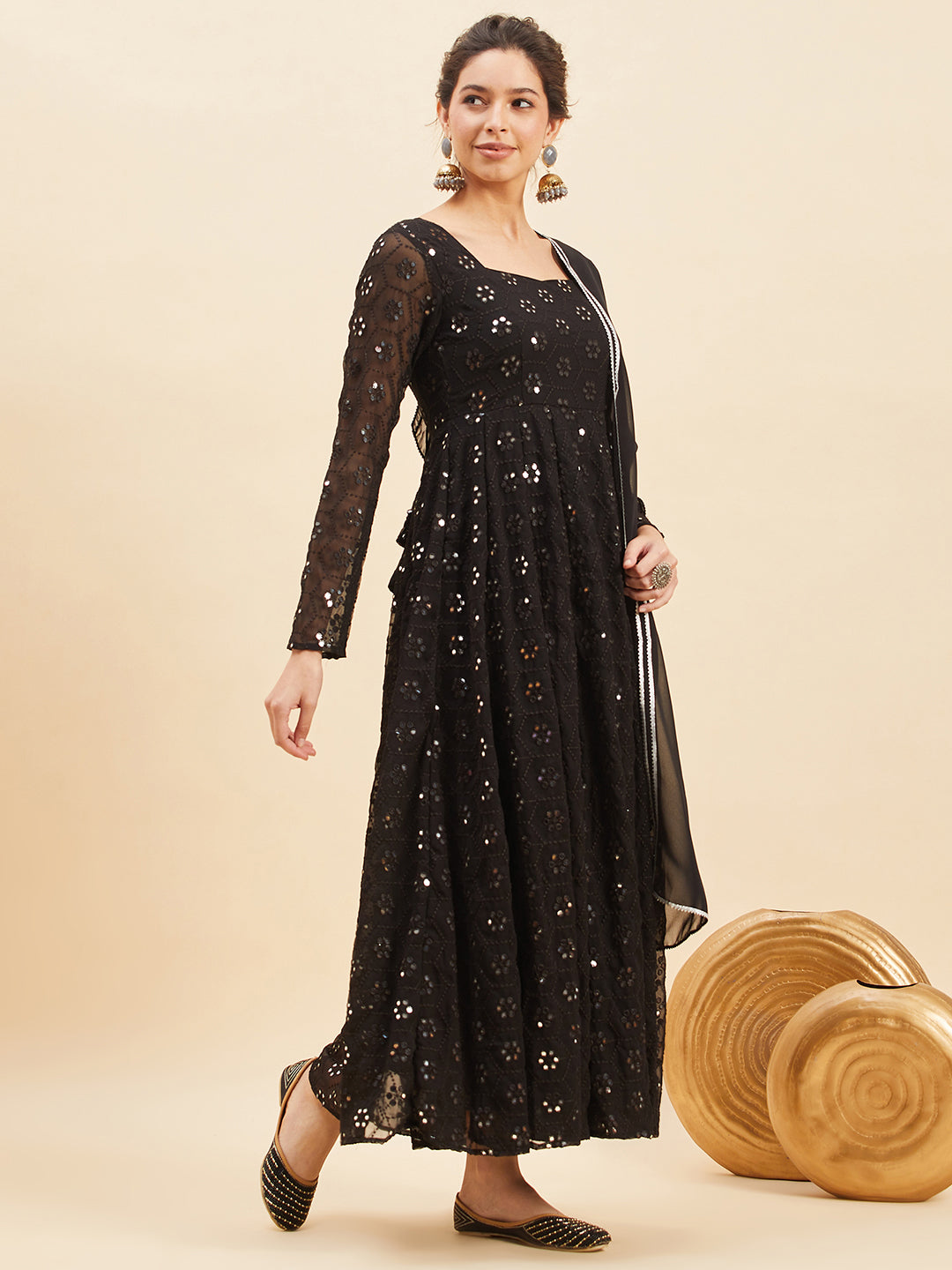 Black Mirror Embroidered Flared Ethnic Dresses With Dupatta