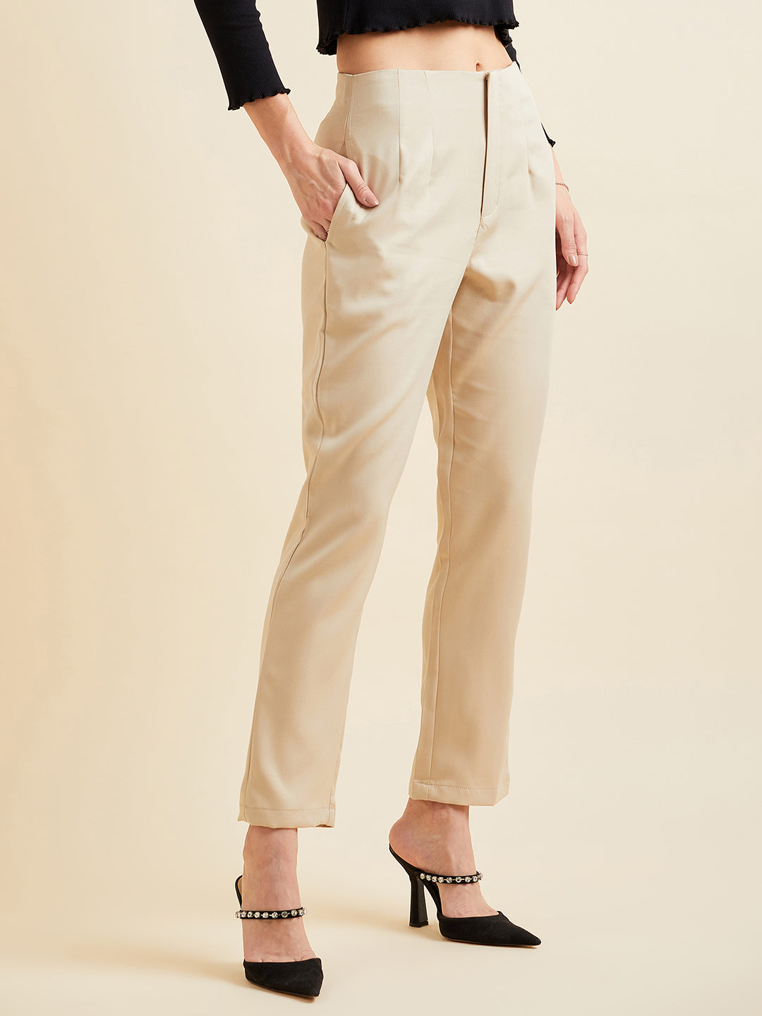 Beige Smart High-Rise Pleated Peg Trousers