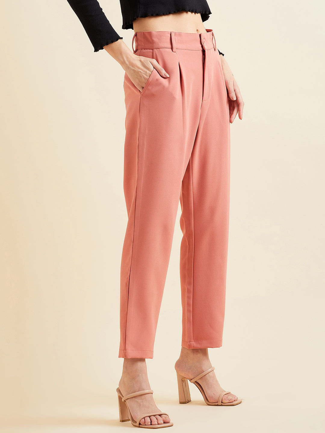 Rust Relaxed Straight Fit High-Rise Pleated Formal Trousers