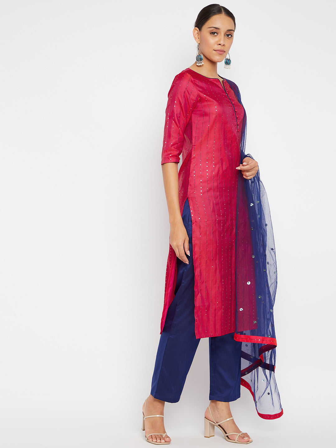 Women Magenta Blue Sequin Straight Kurta Set with Dupatta