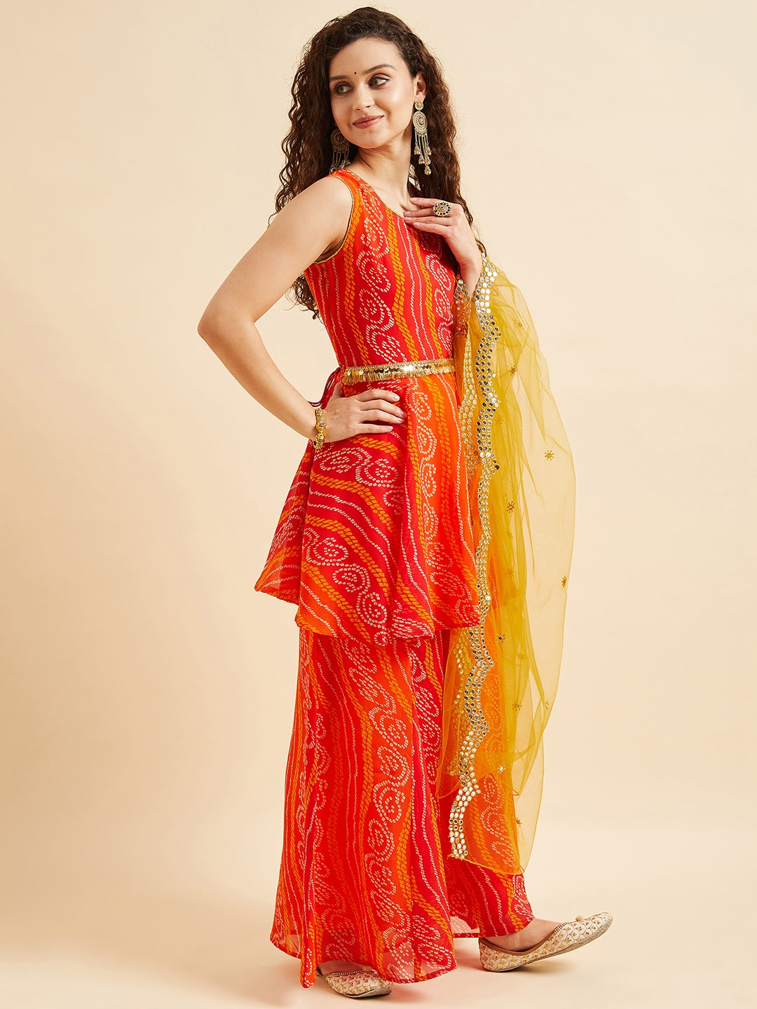 PANIT Orange Bandhani Printed Sequinned Kurta with Sharara & With Dupatta