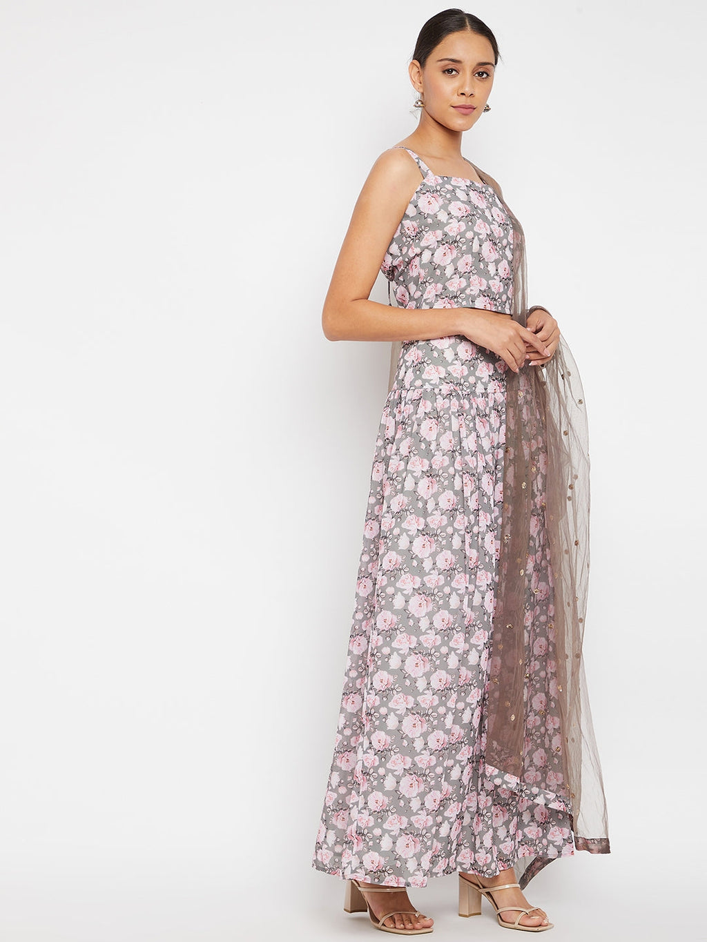 Women Grey Floral Printed Regular Top with Skirt & With Dupatta