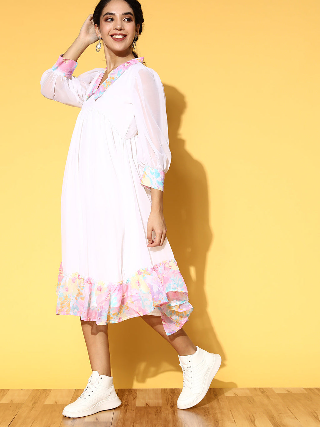 PANIT White  Pink Floral Printed Georgette A-Line Midi Dress