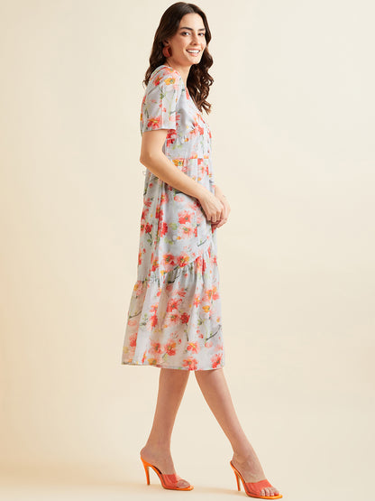 Grey & Orange Floral Printed V-Neck Georgette A-Line Dress