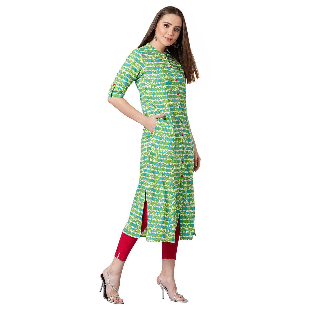 Women Green Printed A-Line Kurta