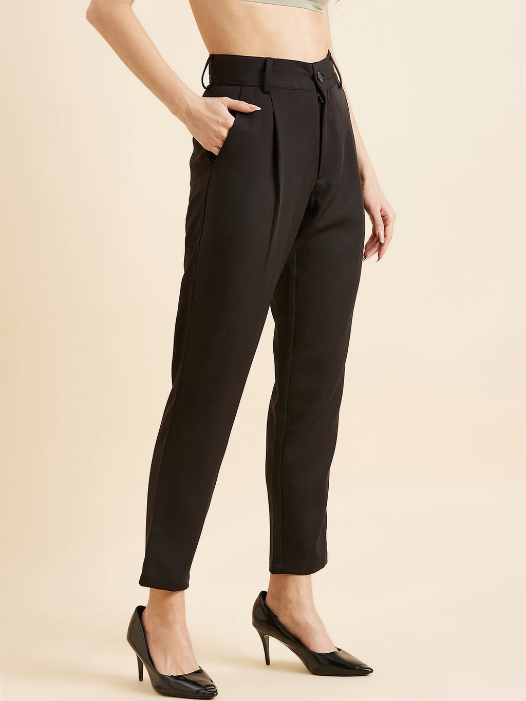 Black Relaxed Straight Fit High-Rise Formal Trousers
