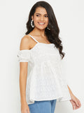 White Schiffli Off Shoulder Puff Sleeves Bardot top