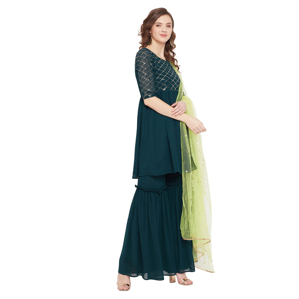 Dark green yoke and sleeve jaal embroidered sharara set with lime green dupatta