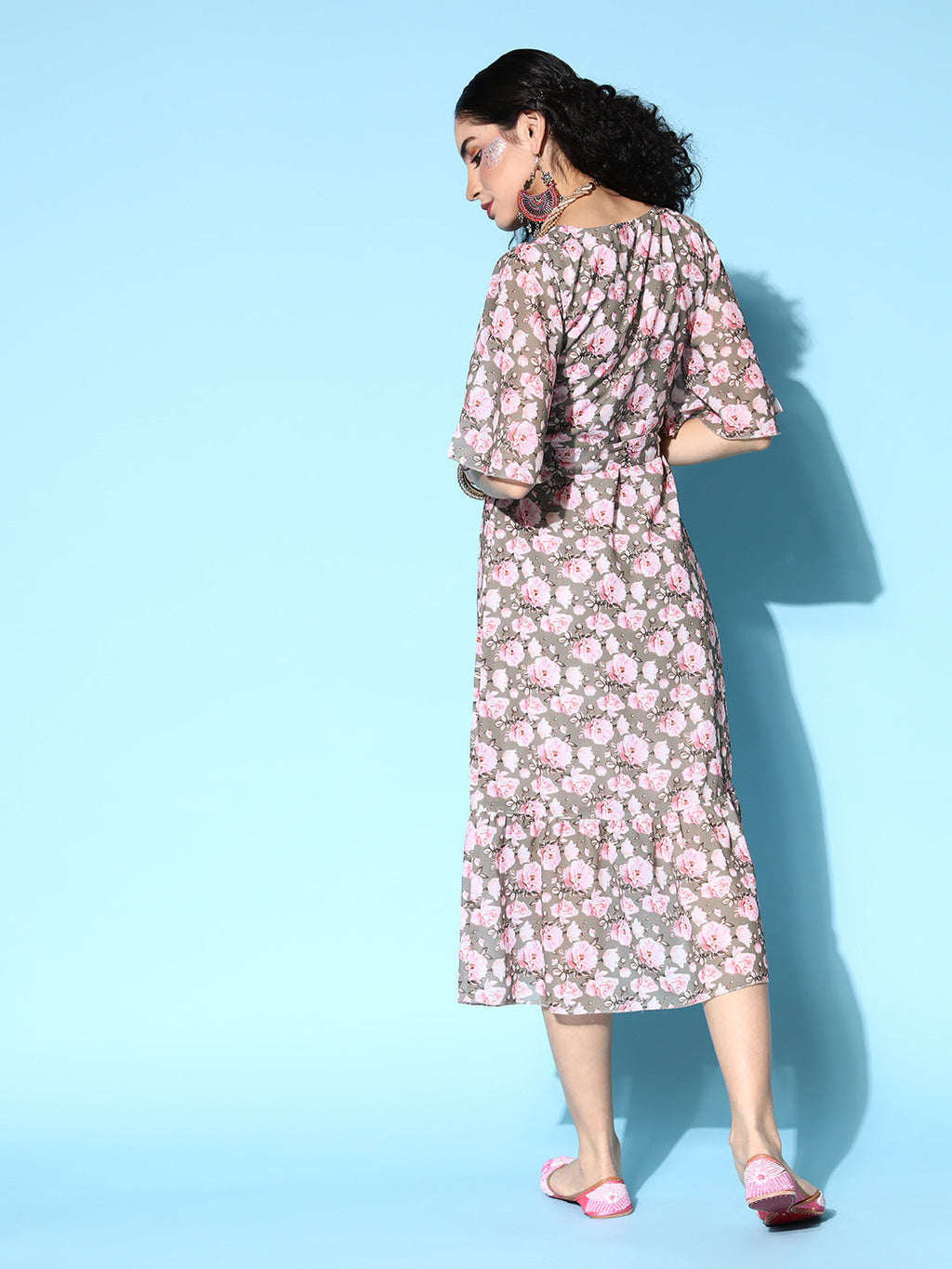 PANIT Women  Grey Floral Twist  Knot Dress