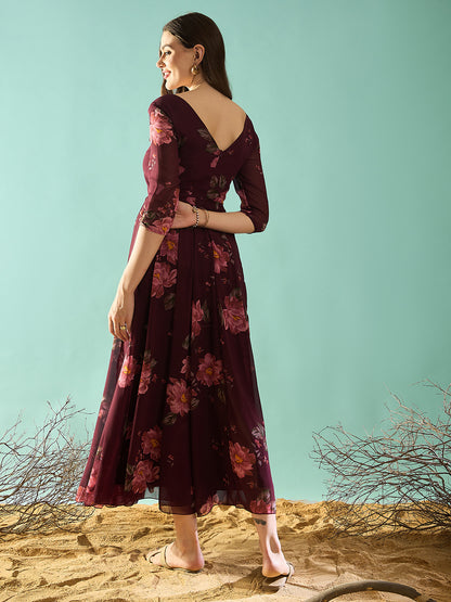 Maroon Floral Printed Fit and Flared Maxi Dress