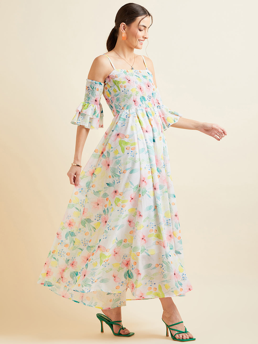 Floral Printed Smocked Off Shoulder Georgette Maxi Dress