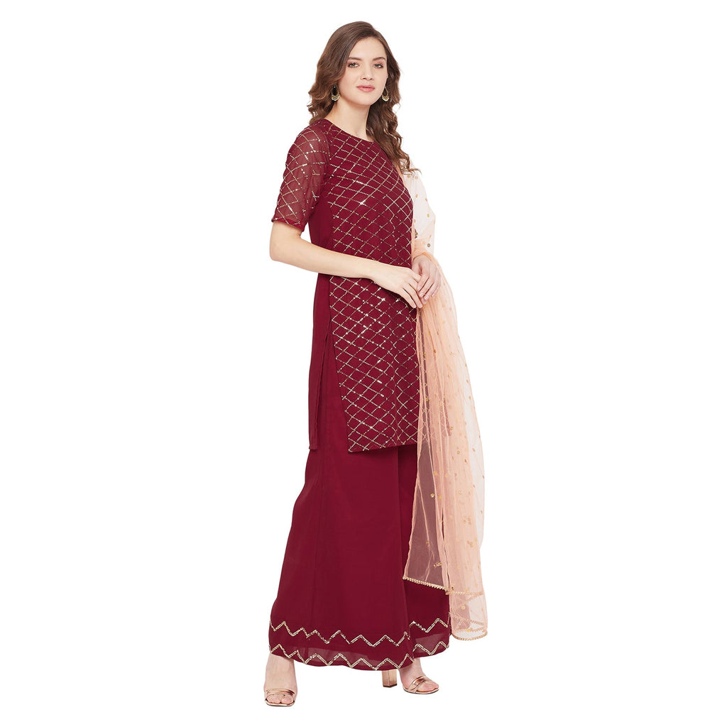 Maroon jaal embroidered kurta and sharara with peach dupatta