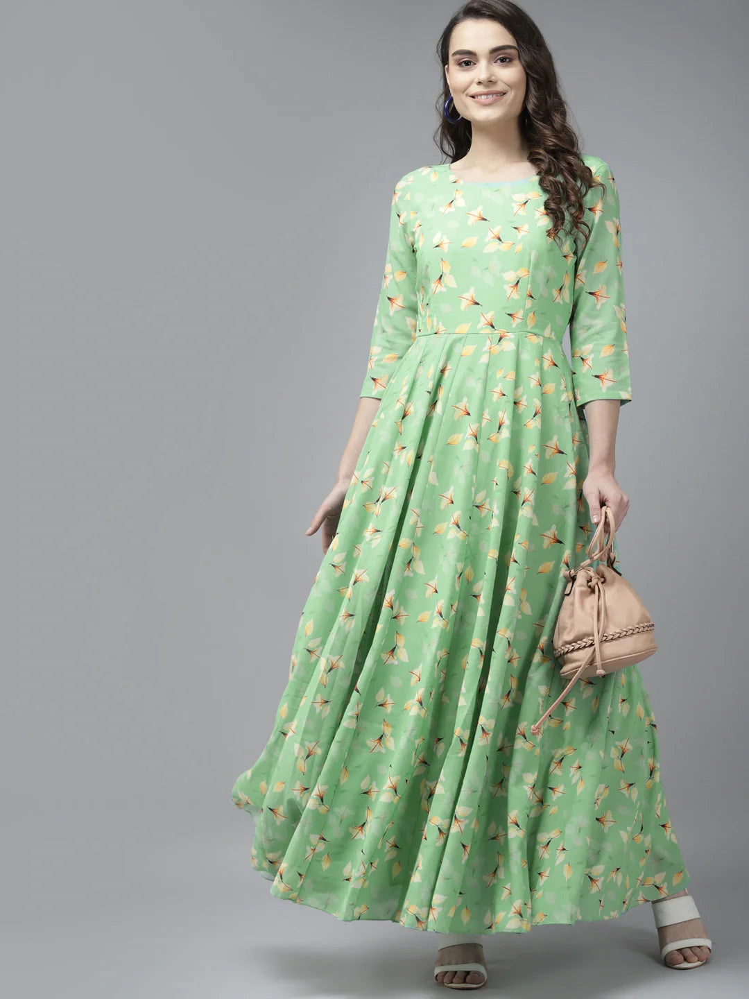 Green & Yellow Floral Georgette Maxi Dress