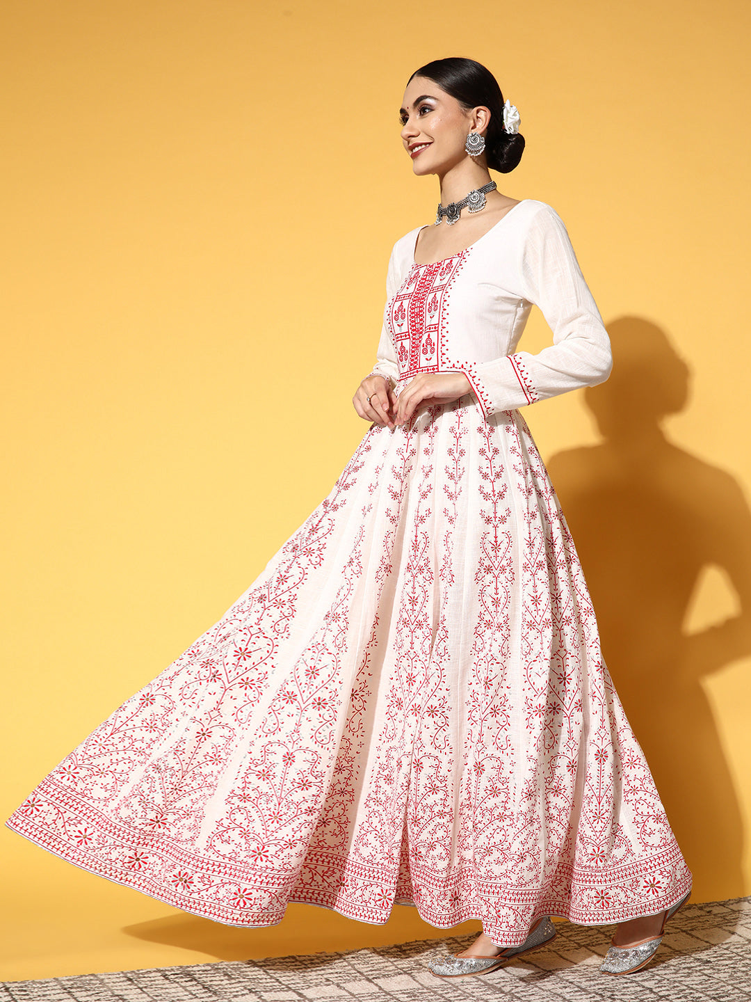 PANIT White Ethnic Motifs Swirling Volume Dress