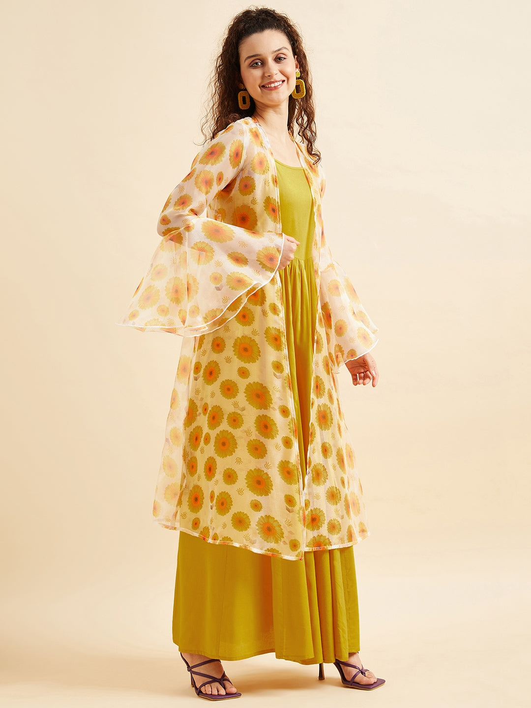 Shoulder Straps Fit & Flare Maxi Ethnic Dress With Printed Shrug