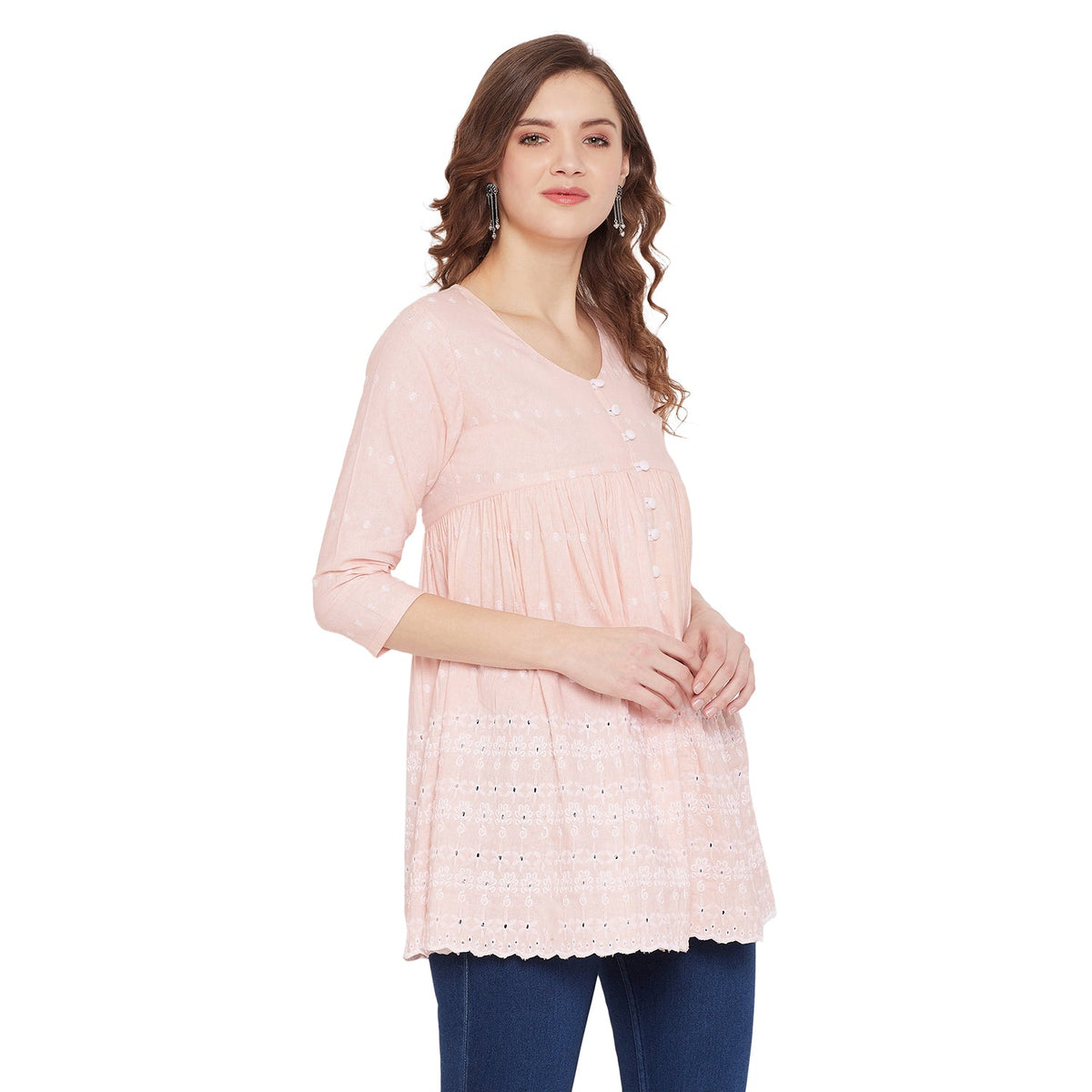 Women Peach Schiffli A-Line Flared Top