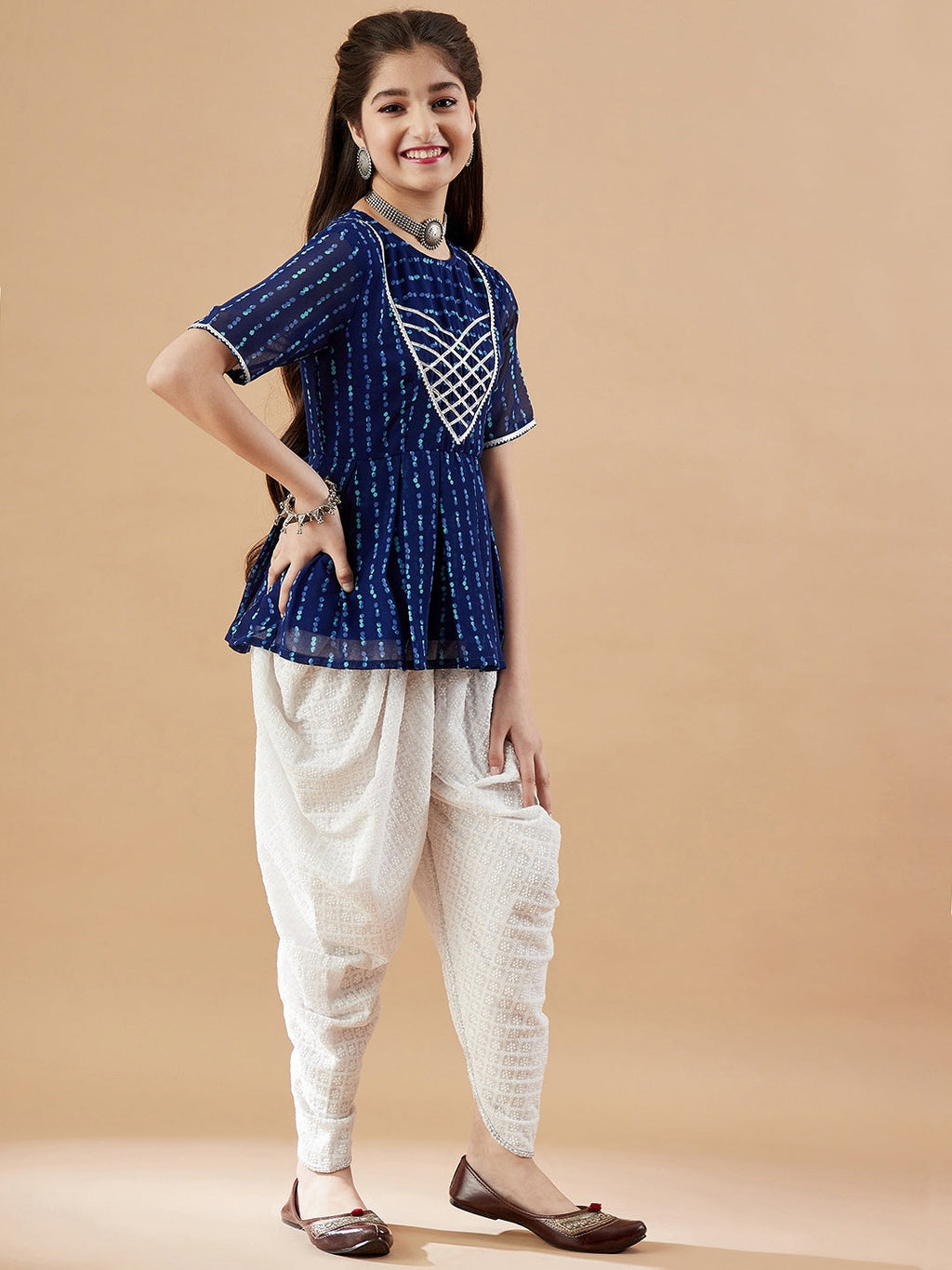 Girls Abstract Printed Empire Kurti With Dhoti Pants