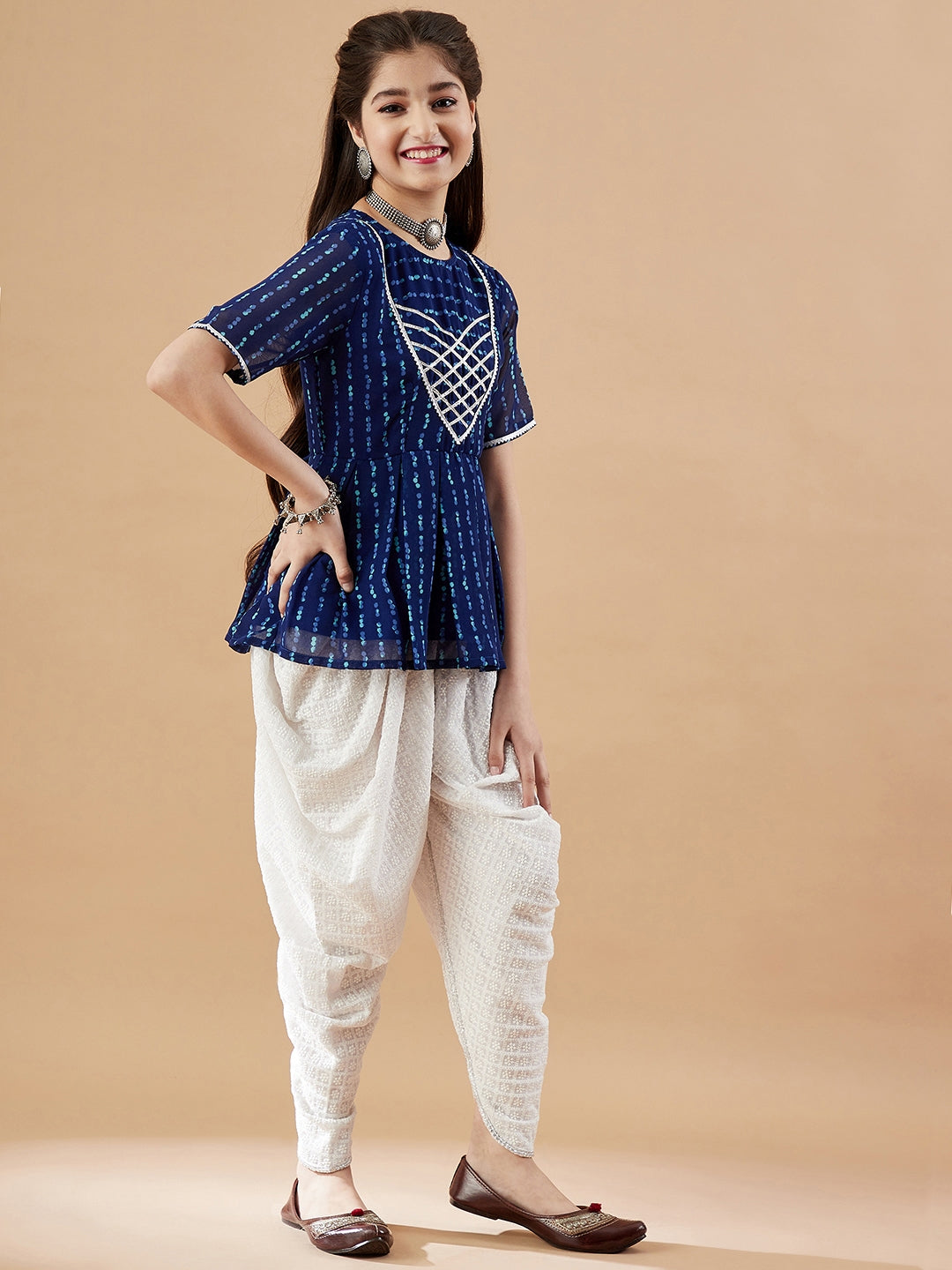 Girls Abstract Printed Empire Kurti With Dhoti Pants