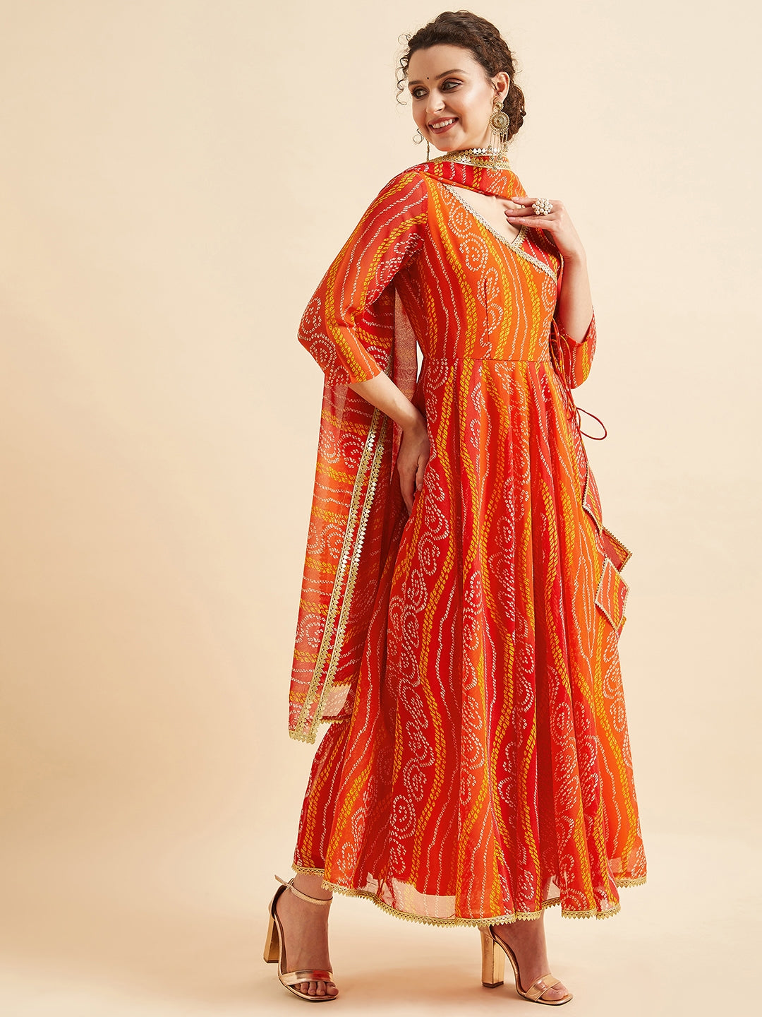 Bandhani Printed V-Neck Anarkali Ethnic Maxi Dress With Dupatta