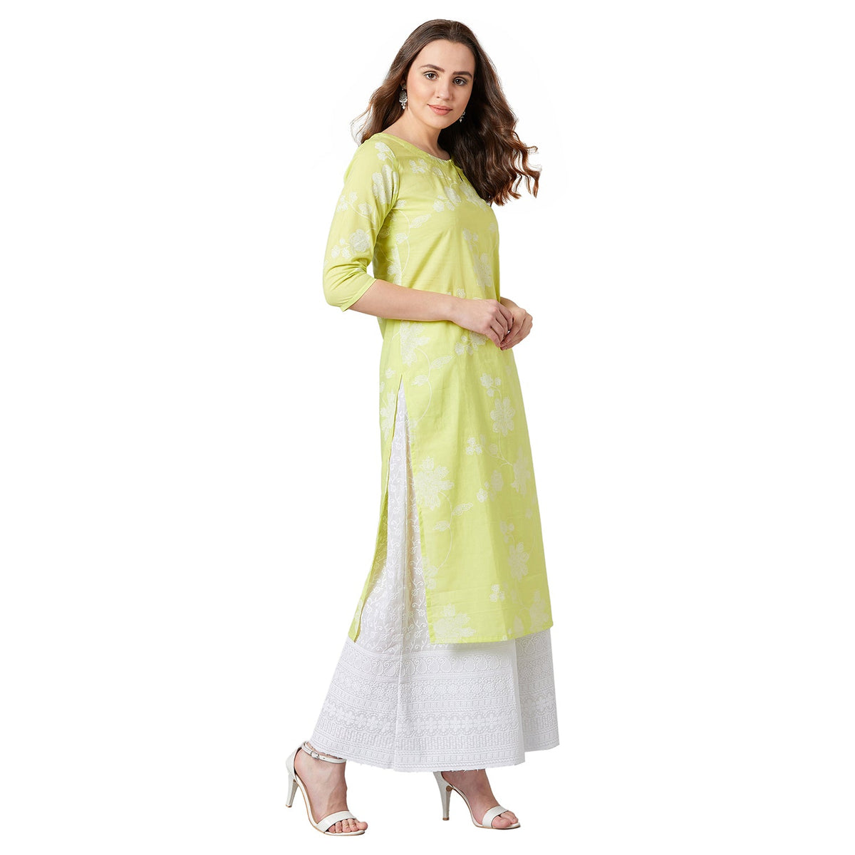 Women Lime Green Printed Straight Kurta