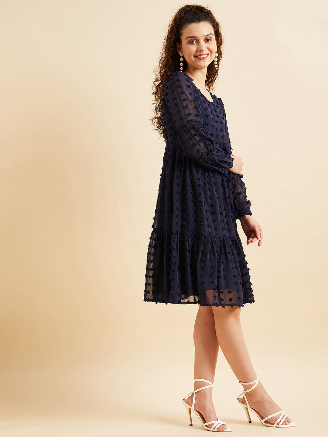 Women Puffed Sleeves Self Design Tiered Fit  Flare Georgette Dress