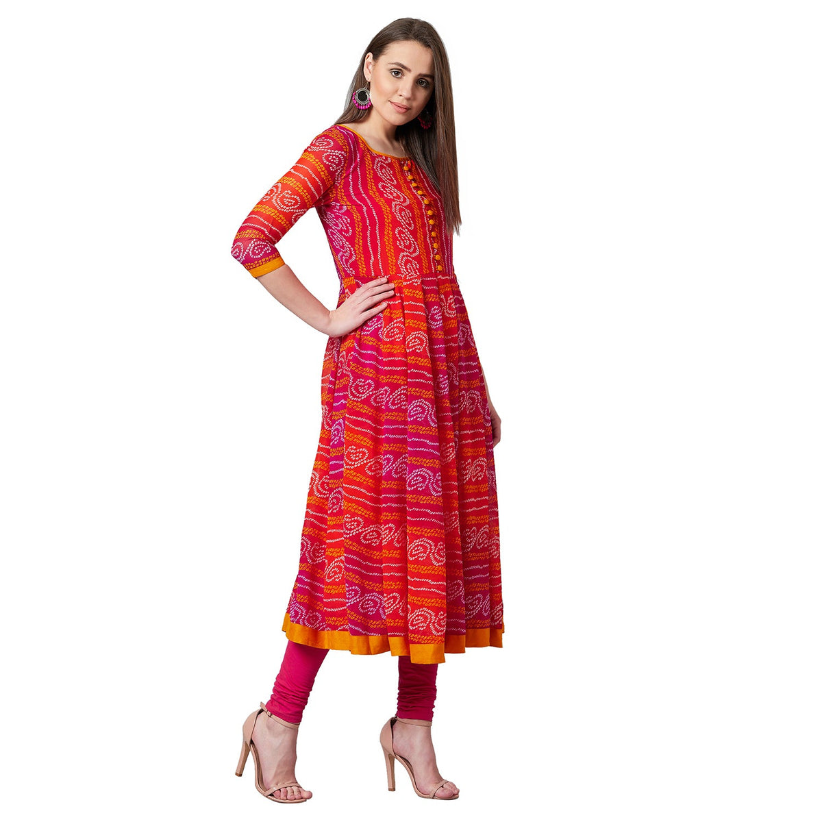 Women Red & Orange Printed Anarkali Kurta